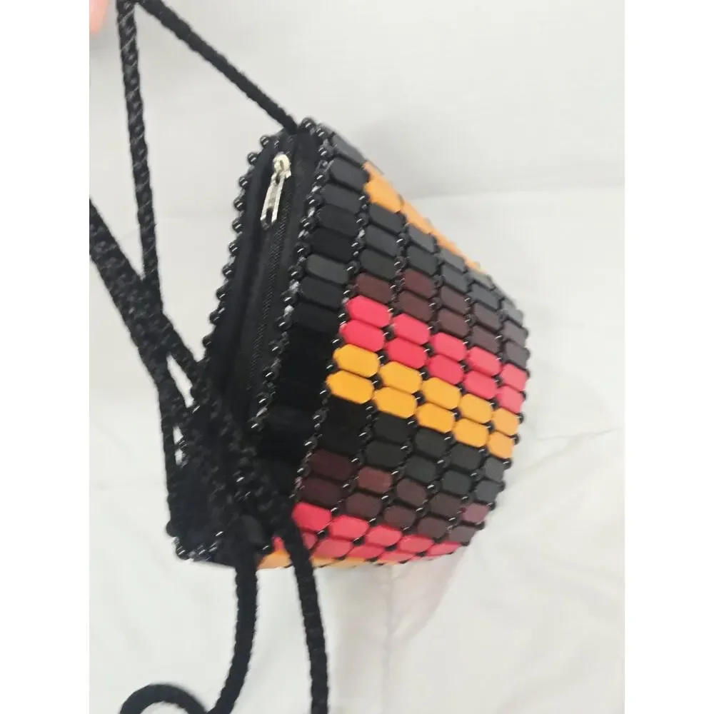 BOHO African Wooden Bead Black Bucket Shoulder Bag Indie Retro Coastal Rasta